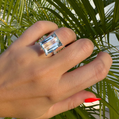 11 carat emerald cut Aquamarine and Diamond Ring in platinum by Valentina Fine Jewellery Hong Kong. Global free shipping including USA, Singapore and Australia