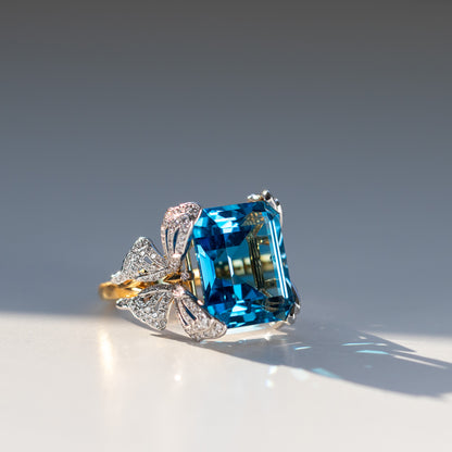 15ct London blue topaz and diamond butterfly ring in 18k gold and platinum by Valentina Fine Jewellery Hong Kong. Global free shipping including USA, UK, Dubai, Qatar and Australia.