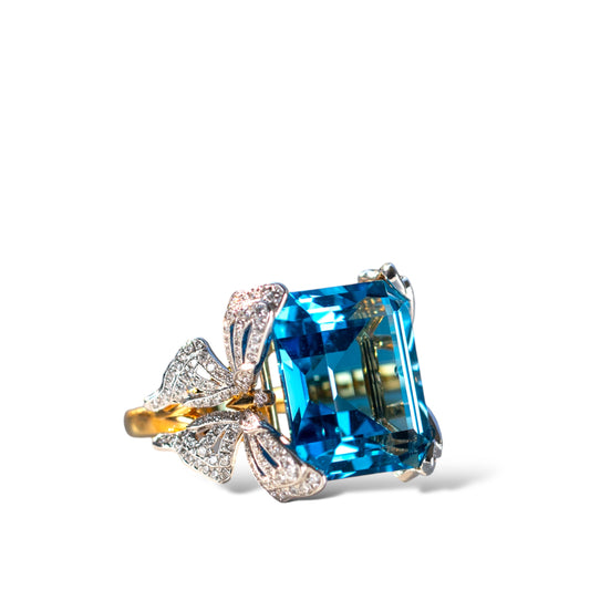 15 carat blue topaz and diamond butterfly ring in 18k gold and platinum by Valentina Fine Jewellery Hong Kong. Global free shipping including USA, UK, Dubai, Qatar and Australia.