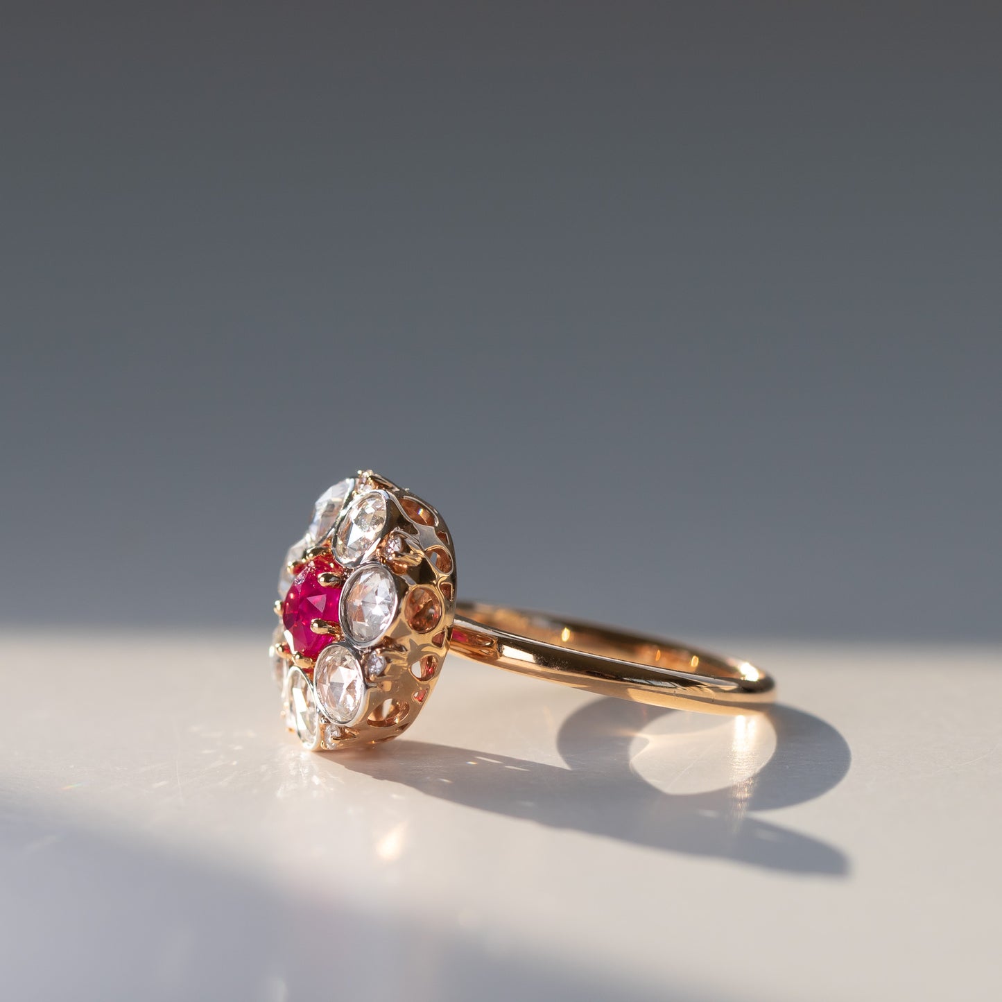 Signature Cluster Ruby and Rose Cut Diamond Ring