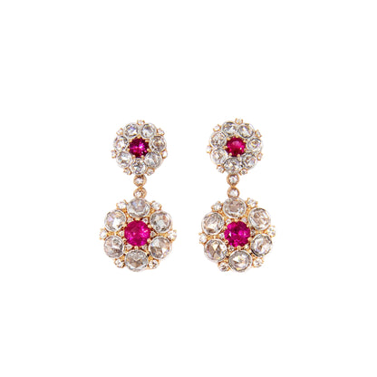 Ruby and rose cut diamond cluster drop earrings in rose gold