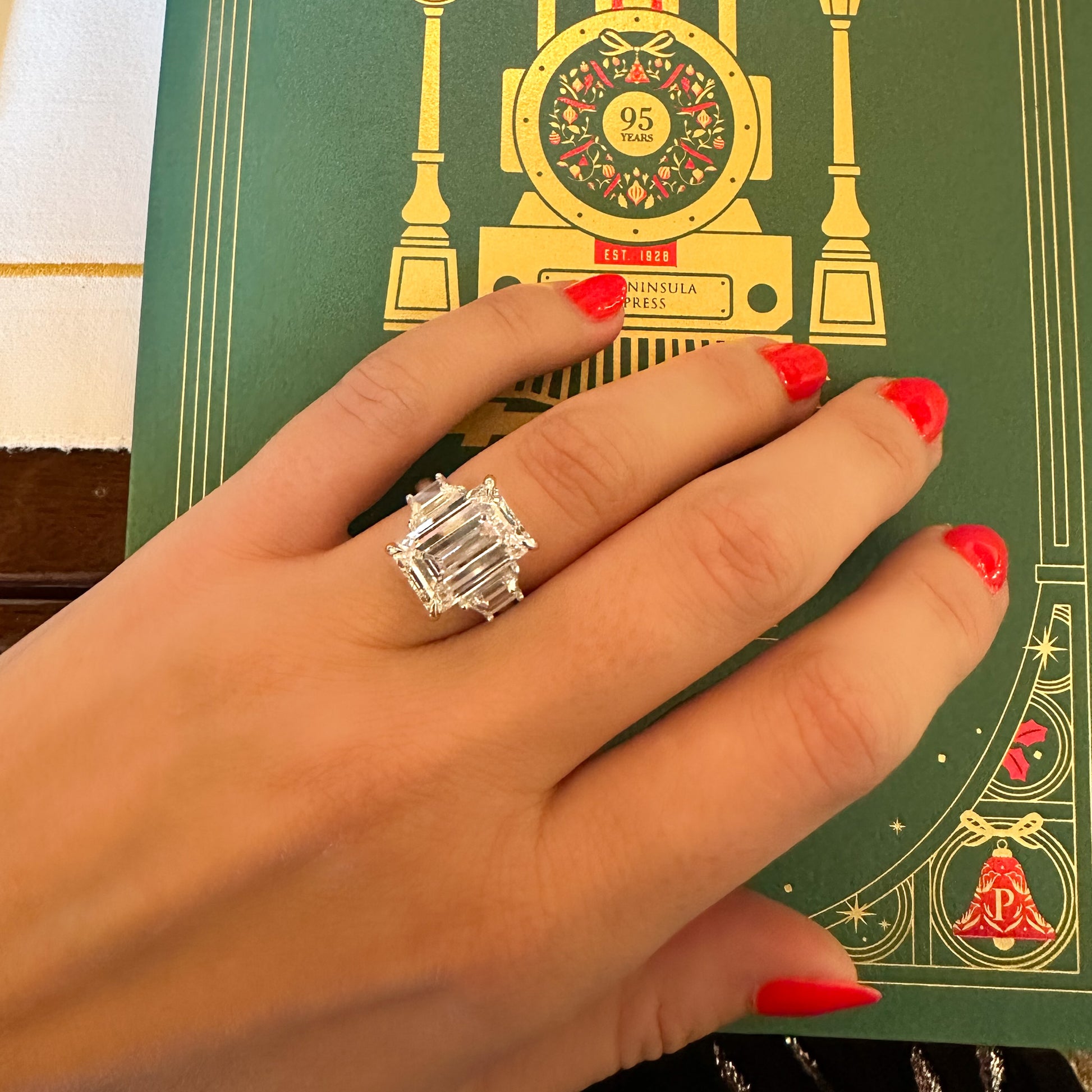 10 carat emerald cut diamond engagement ring with trapezoids in platinum by Valentina Fine Jewellery Hong Kong. Free global shipping including USA, Australia, Singapore, UK and Dubai