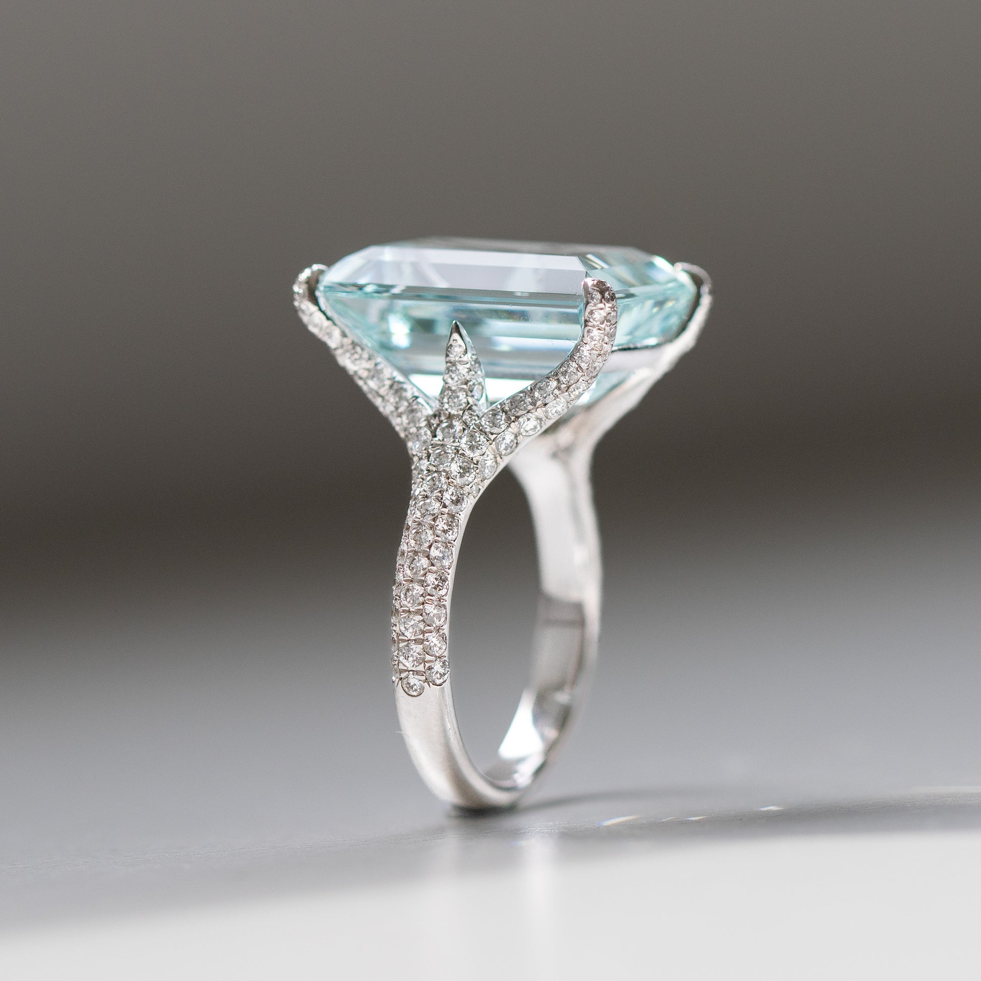 11 carat Emerald cut aquamarine and diamond  micropave ring in 18k gold by Valentina Fine Jewellery Hong Kong. Global free shipping including USA, Dubai, Singapore, Australia and UK