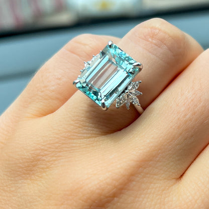 Emerald cut aquamarine and marquise diamond ring in 18k gold by Valentina Fine Jewellery Hong Kong. Global free shipping including USA, Dubai, Singapore, Australia and UK