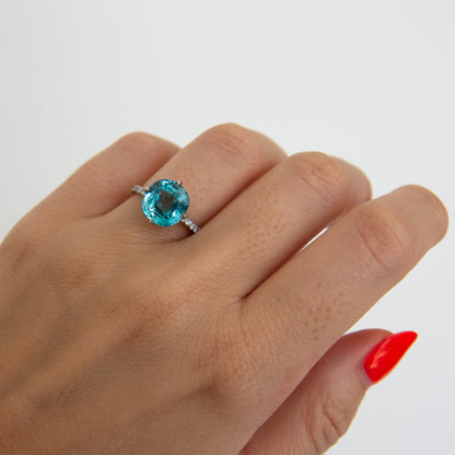 Natural blue zircon and diamond ring in platinum by Valentina Fine Jewellery Hong Kong. Free shipping globally including USA UK Australia