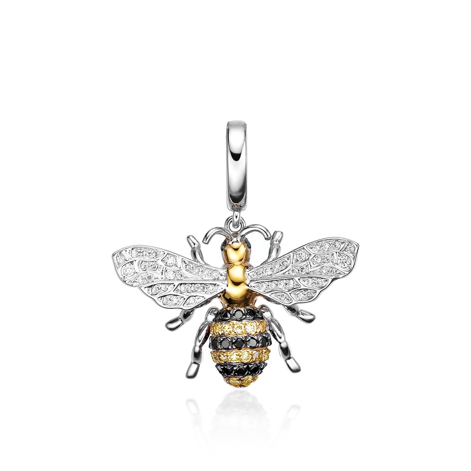 Diamond and gold buzzy bumble bee charm pendant by Valentina Fine Jewellery Hong Kong. Global free shipping including USA. See what all the buzz is about with white, black and yellow diamonds hand set