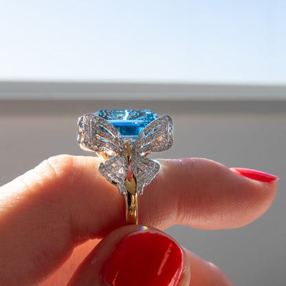 15 carat blue topaz and diamond butterfly ring in 18k gold and platinum by Valentina Fine Jewellery Hong Kong. Global free shipping including USA, UK, Dubai, Qatar and Australia.