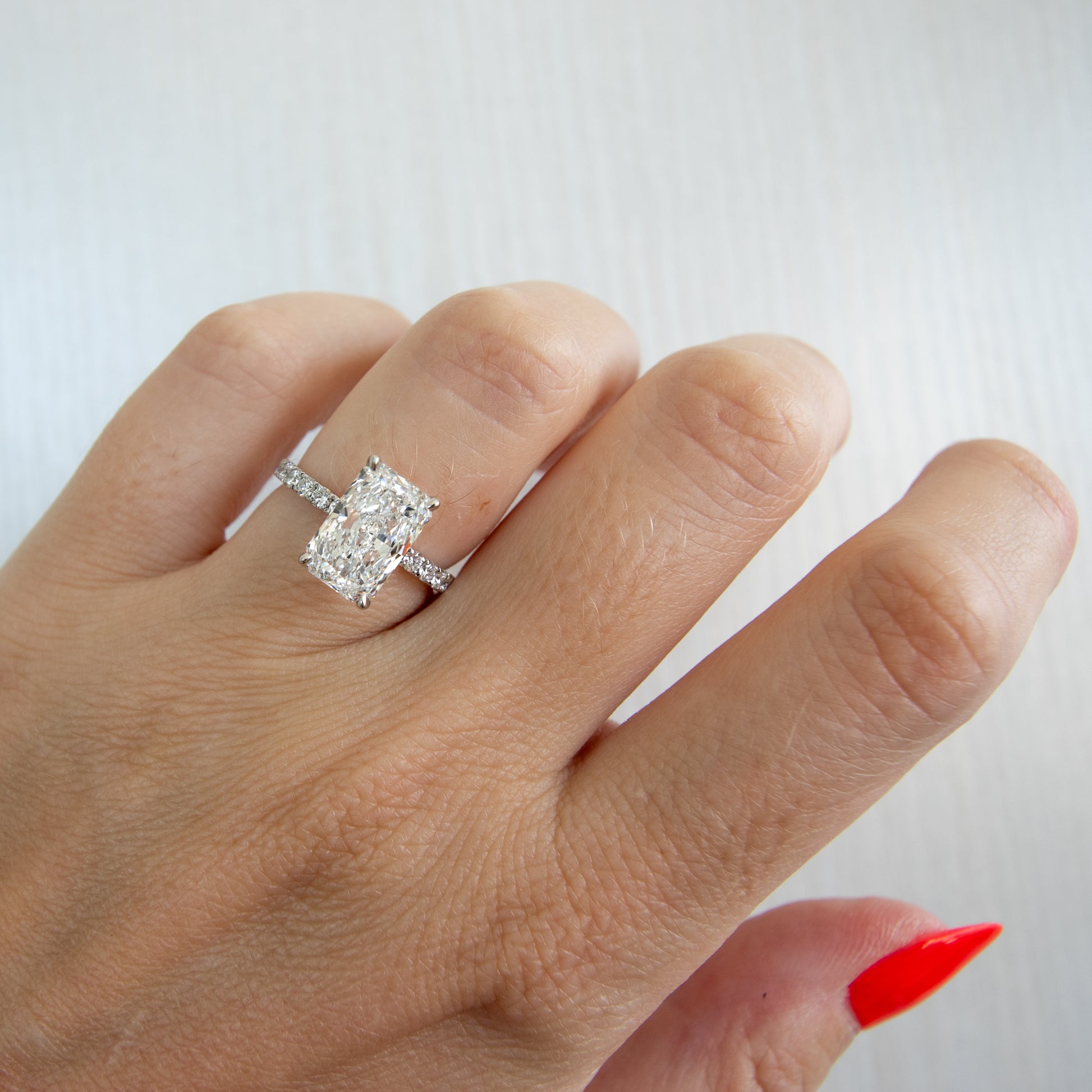 Elongated radiant cut diamond engagement ring lab grown by Valentina Fine Jewellery Hong Kong. Global free shipping including USA. Lab grown engagement rings.