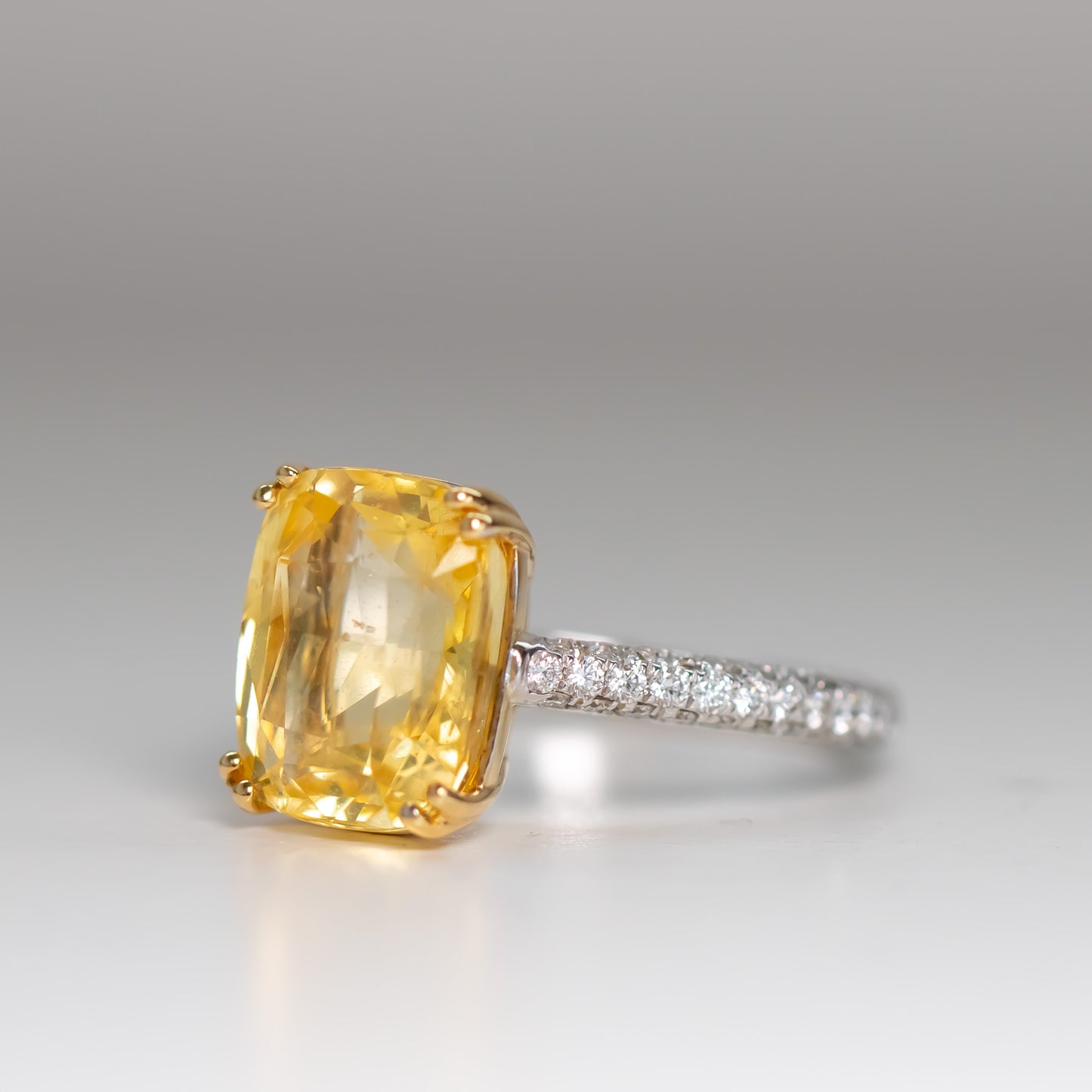 6.77ct Ceylon no heat elongated cushion yellow sapphire and diamond ring in 18k gold by Valentina Fine Jewellery Hong Kong. Global free shipping including USA, Australia, Canada, Singapore and Dubai