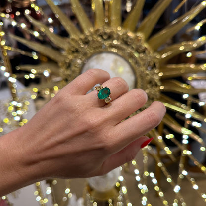 Oval cut Colombian emerald and yellow diamond ring in 18k yellow gold by Valentina Fine Jewellery HK. Global free delivery with Fedex including USA, Singapore and Dubai.