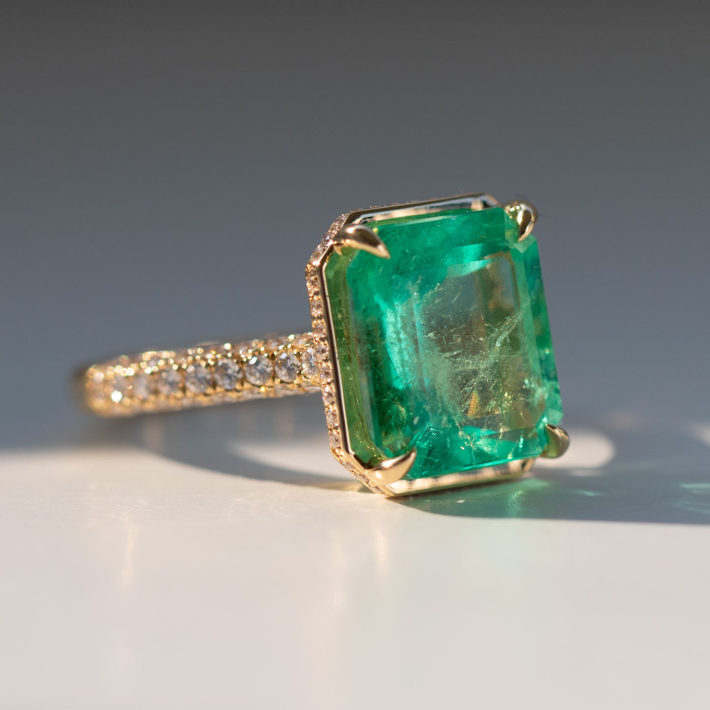 6 Carat  Emerald Ring With Diamonds in 18k gold by Valentina Fine Jewellery HK. Global free shipping including USA,  Canada, USA and Singapore.