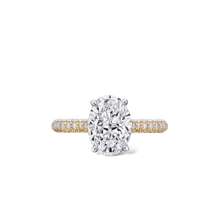 Oval diamond micropave three row ring with hidden halo Hong Kong Australia USA. Micropave diamond engagement ring in 18K gold or platinum. 1.82ct diamond engagement ring. Bespoke fine jewellery by Valentina Fine Jewellery. Two tone diamond engagement ring with platinum and yellow gold.