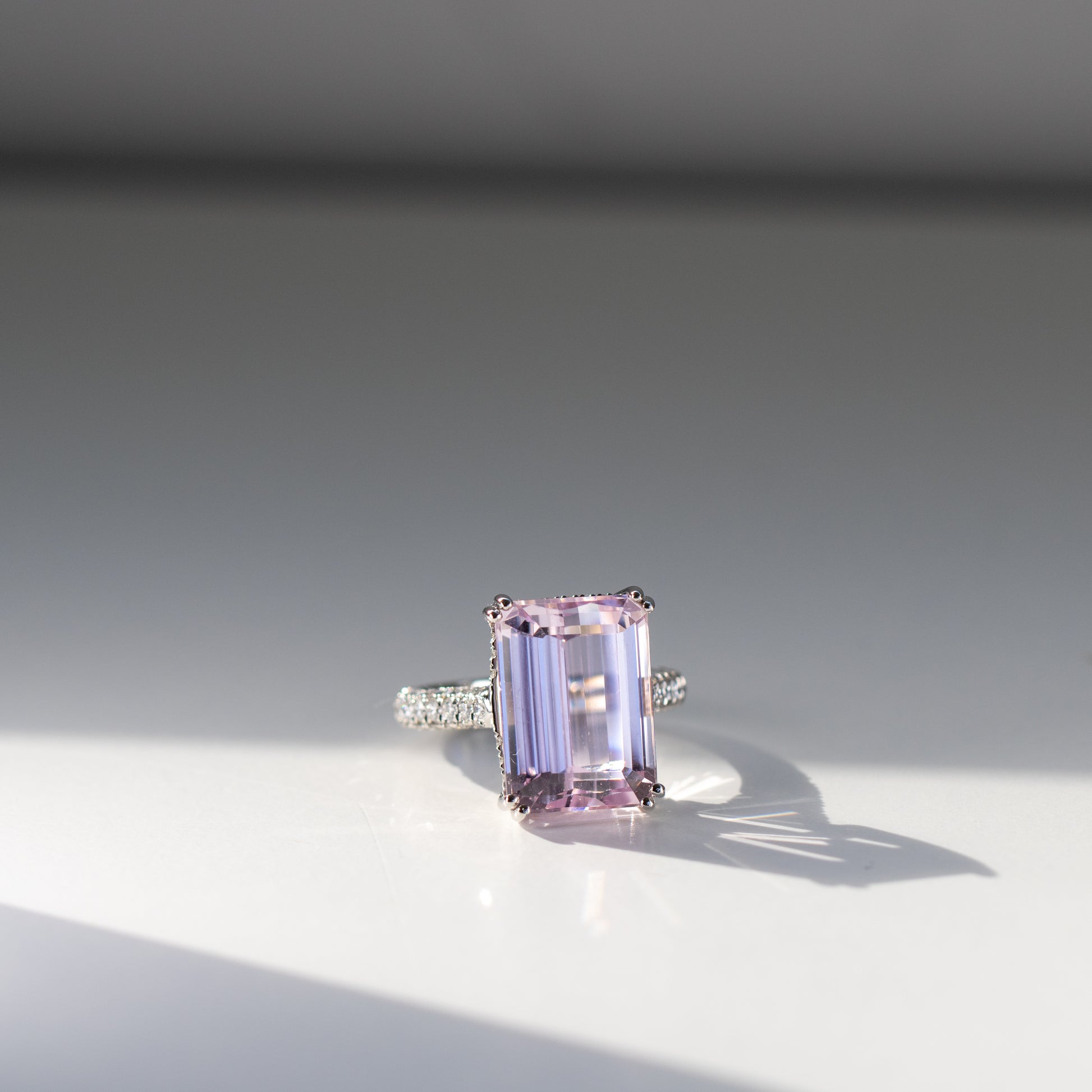 Kunzite and diamond ring in platinum by Valentina Fine Jewellery Hong Kong. Global free shipping including USA, Canada, UK and Singapore. 