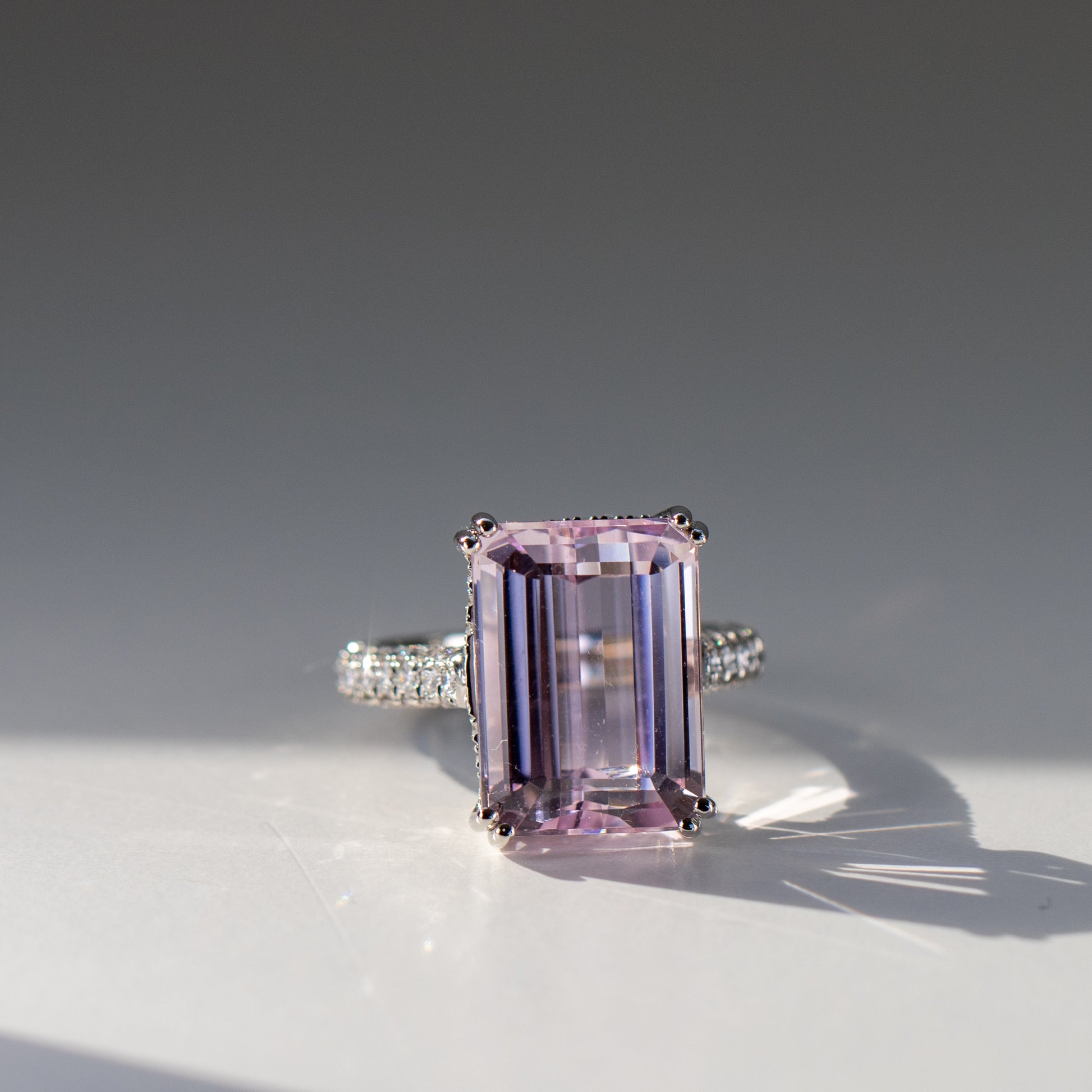 Kunzite and diamond ring in platinum by Valentina Fine Jewellery Hong Kong. Global free shipping including USA, Canada, UK, Australia and Singapore. 