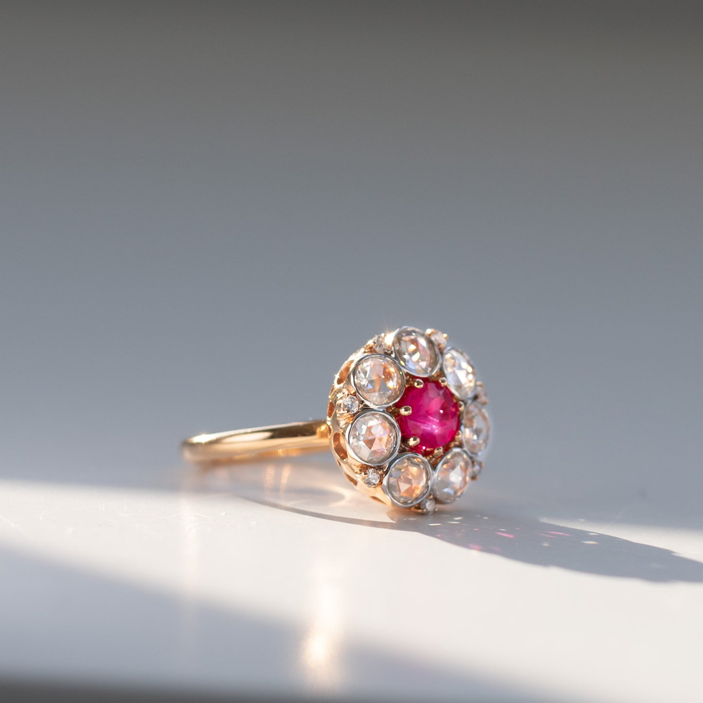 Ruby and rose cut diamond cluster ring in 18k Rose Gold by Valentina Fine Jewellery Hong Kong. Global free shipping including USA, Australia, Singapore, UK And France