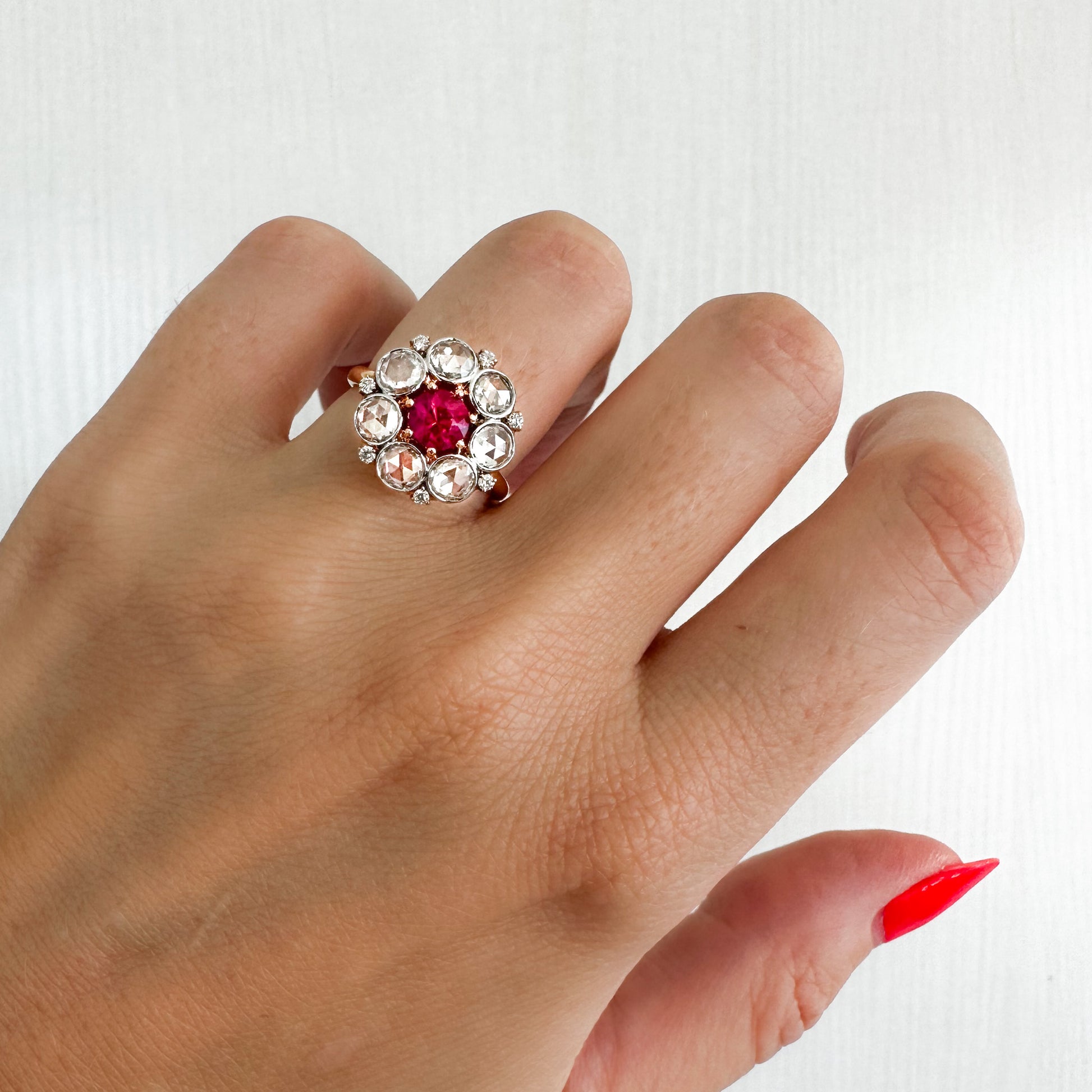 Ruby and rose cut diamond cluster ring in 18k Rose Gold by Valentina Fine Jewellery Hong Kong. Global free shipping including USA, Australia, Singapore, UK And France