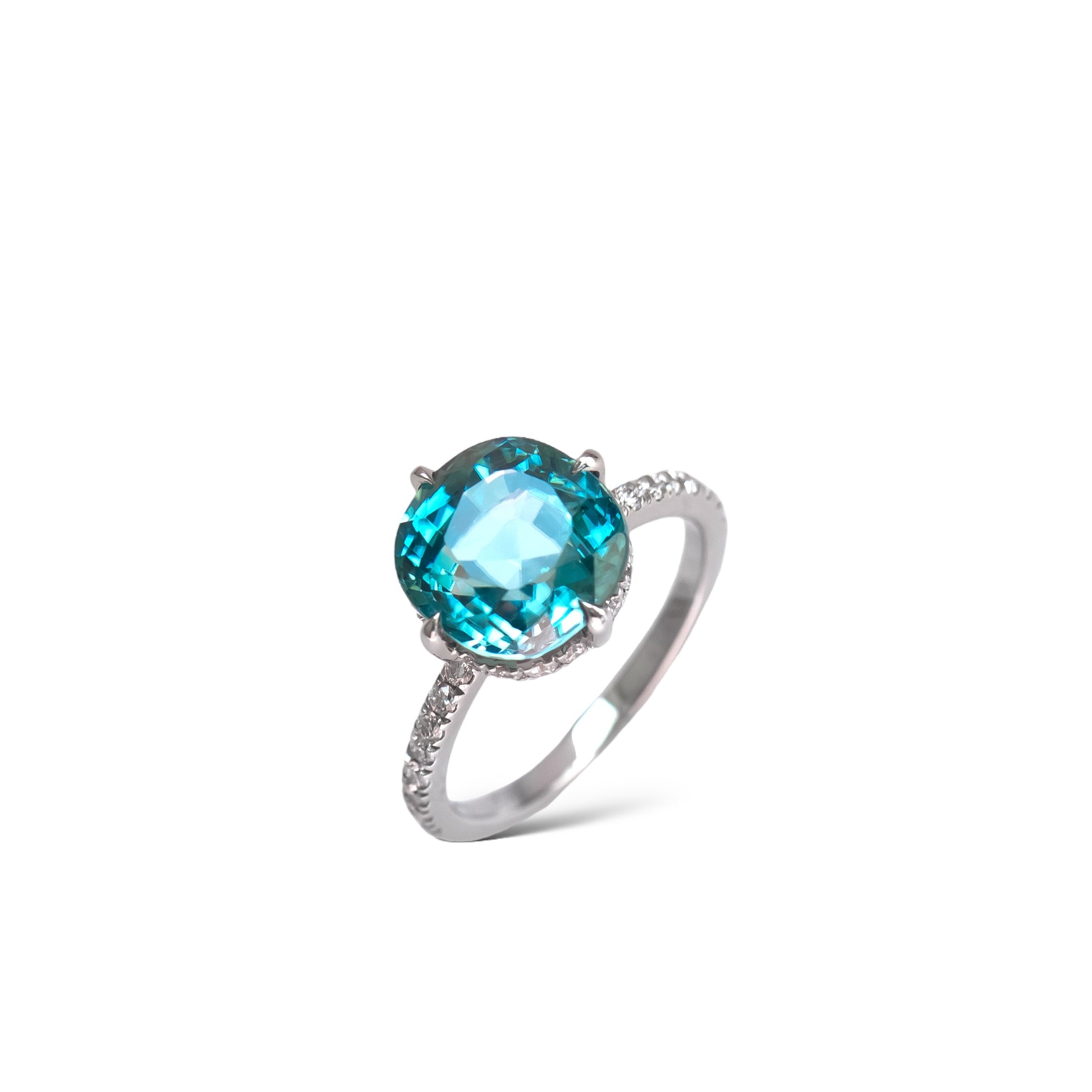 Natural blue zircon and diamond ring in platinum by Valentina Fine Jewellery Hong Kong. Free shipping globally including USA UK Australia