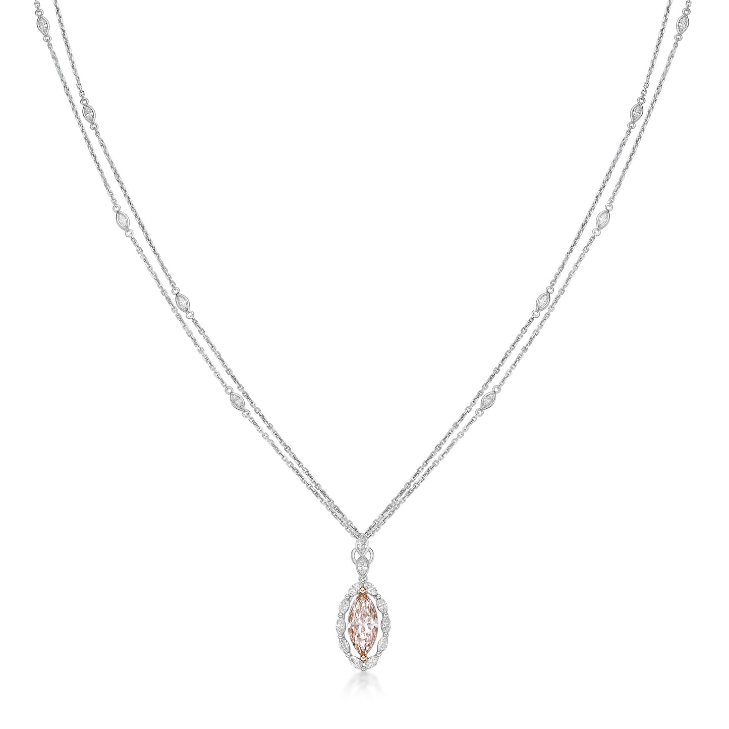 Marquise diamond double chain necklace in 18k with gold by Valentina Fine Jewellery Hong Kong. Global free shipping including USA, UK, Australia and New Zealand.