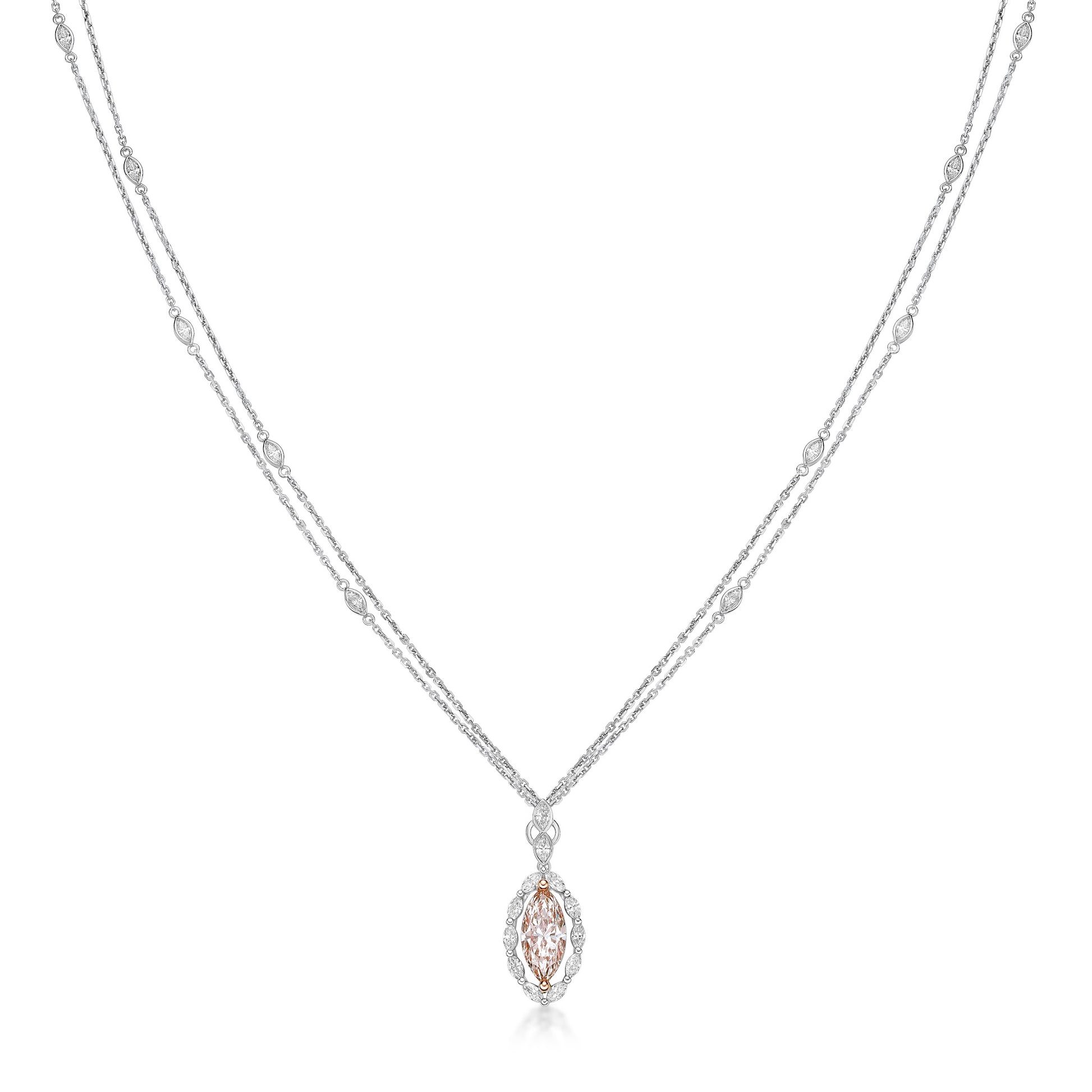 Marquise diamond double chain necklace in 18k with gold by Valentina Fine Jewellery Hong Kong. Global free shipping including USA, UK, Australia and New Zealand.