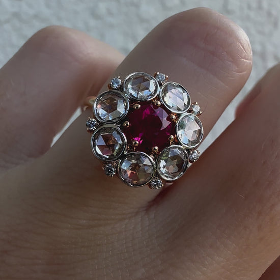 Ruby and rose cut diamond cluster ring in 18k Rose Gold by Valentina Fine Jewellery Hong Kong. Global free shipping including USA, Australia, Singapore, UK And France