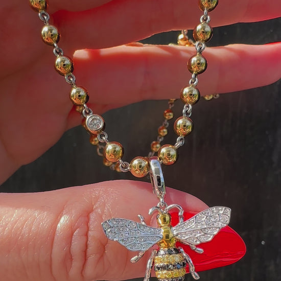 18k Yellow and White Gold and diamond bee pendant charm by Valentina Fine Jewellery Hong Kong. Hand crafted charm with colourless, yellow and black natural diamonds. Global free shipping including UK and USA