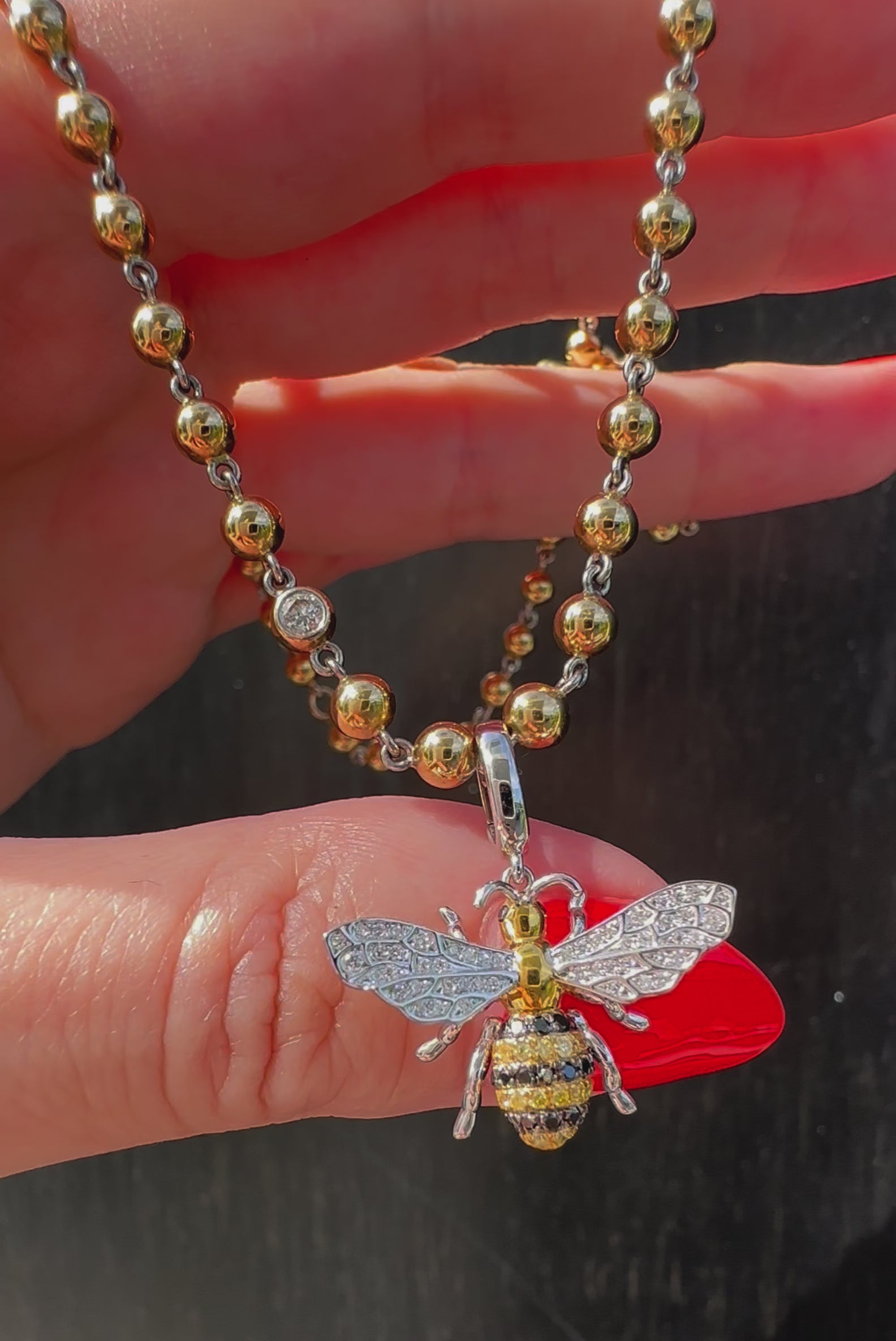 18k Yellow and White Gold and diamond bee pendant charm by Valentina Fine Jewellery Hong Kong. Hand crafted charm with colourless, yellow and black natural diamonds. Global free shipping including UK and USA