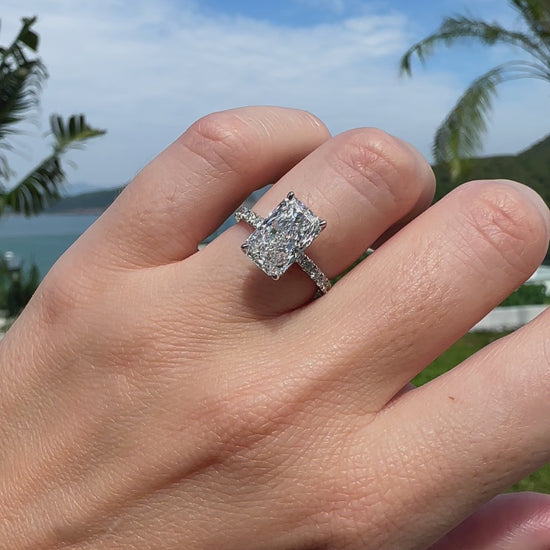 Lab grown elongated radiant cut diamond engagement ring with a hidden halo in Platinum Hong Kong by Valentina Fine Jewellery. Global free shipping including USA and Australia