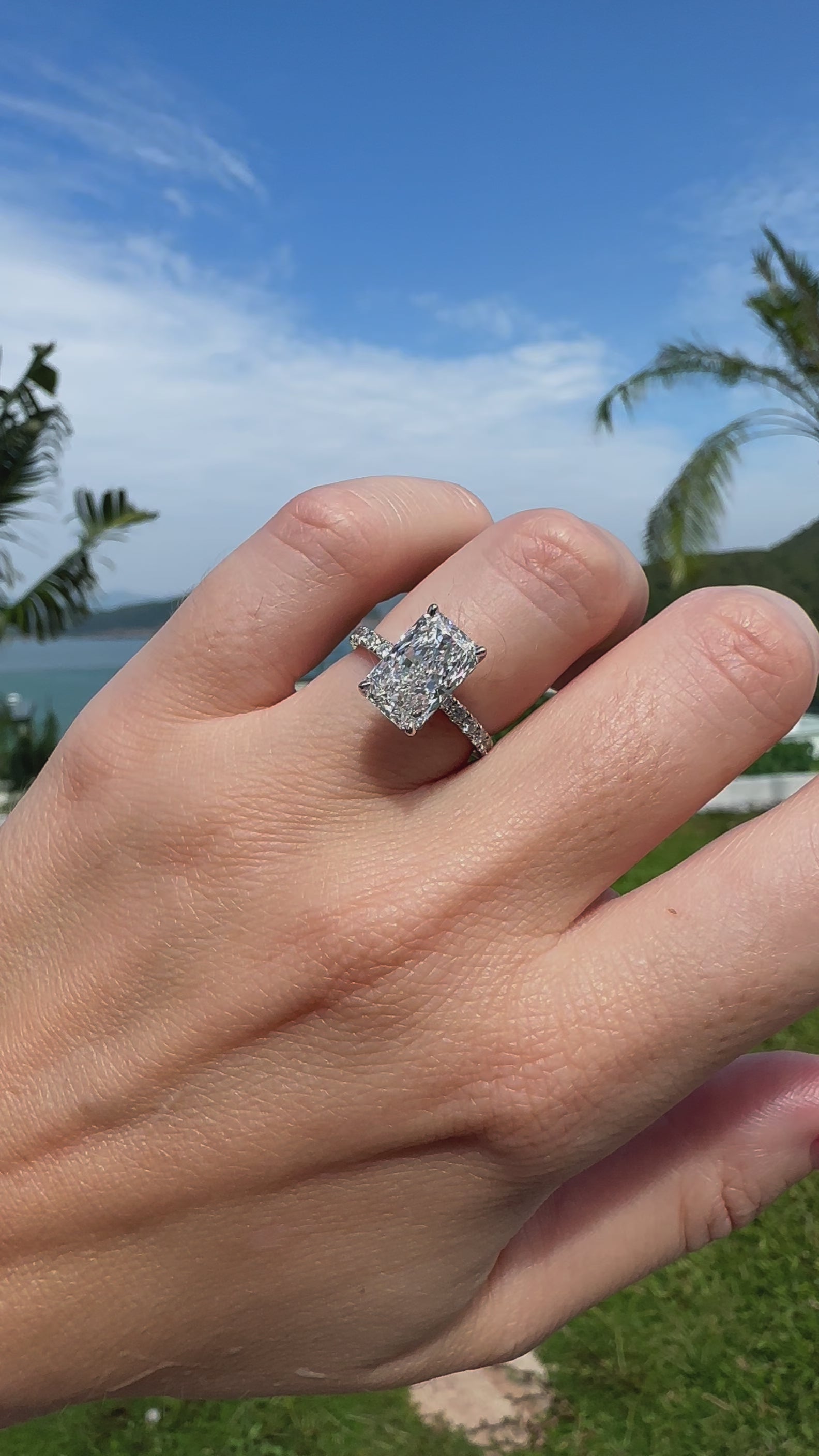 Lab grown elongated radiant cut diamond engagement ring with a hidden halo in Platinum Hong Kong by Valentina Fine Jewellery. Global free shipping including USA and Australia