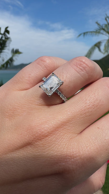 3 carat emerald cut lab grown diamond ring on hand in platinum by Valentina Fine Jewellery Hong Kong. Global free shipping including USA UK Singapore Australia. Ring concierge services available in HK.