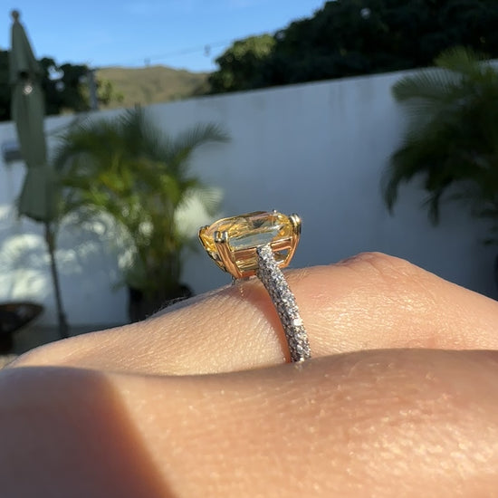 6 carat elongated cushion yellow sapphire and diamond engagement ring in 18k gold by Valentina Fine Jewellery Hong Kong. Global free shipping including USA, Australia, Canada, Singapore and Dubai