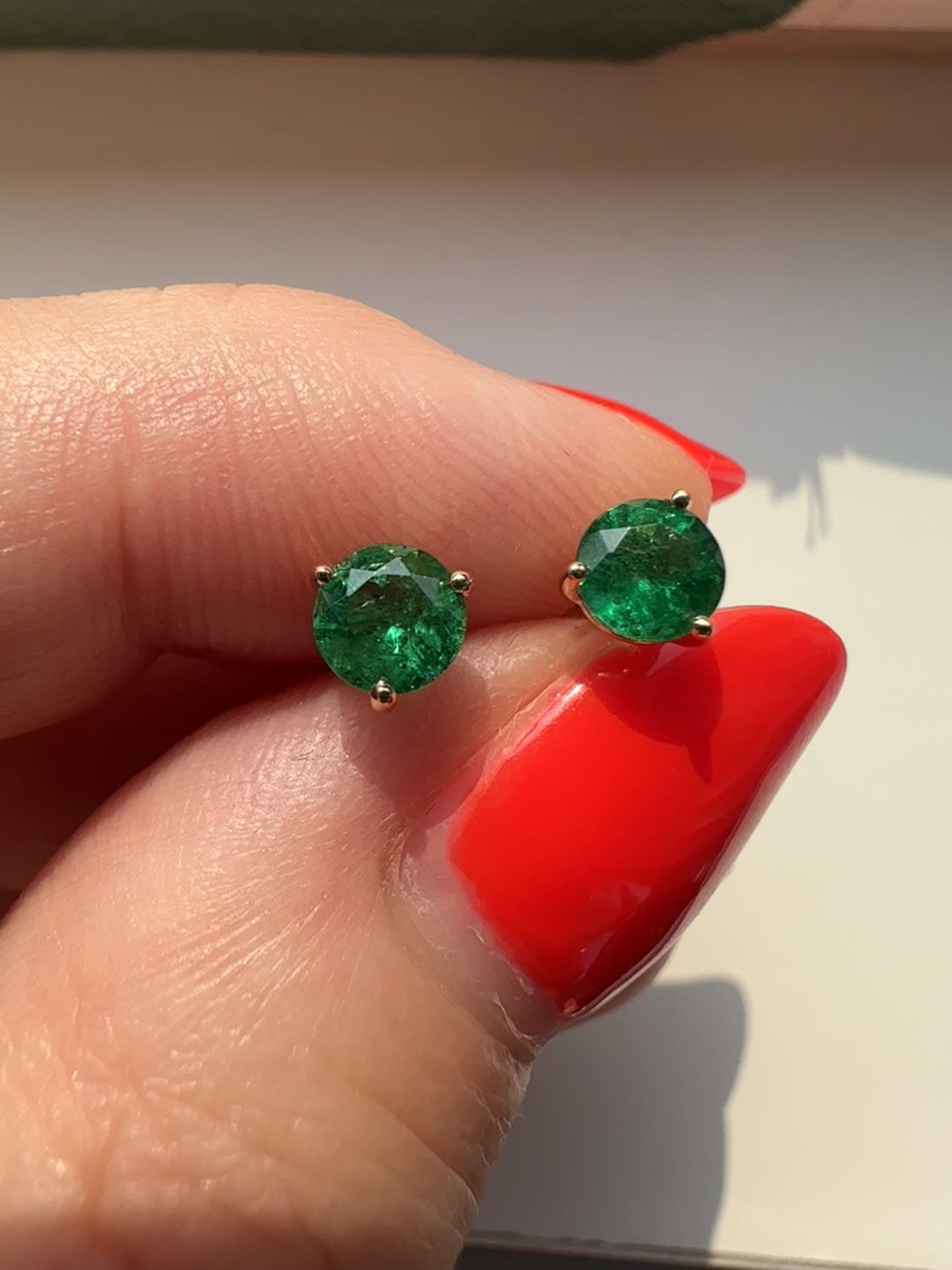 Round Emerald Studs in 18k Yellow Gold by Valentina Fine Jewellery Hong Kong. Global free shipping including UK and USA