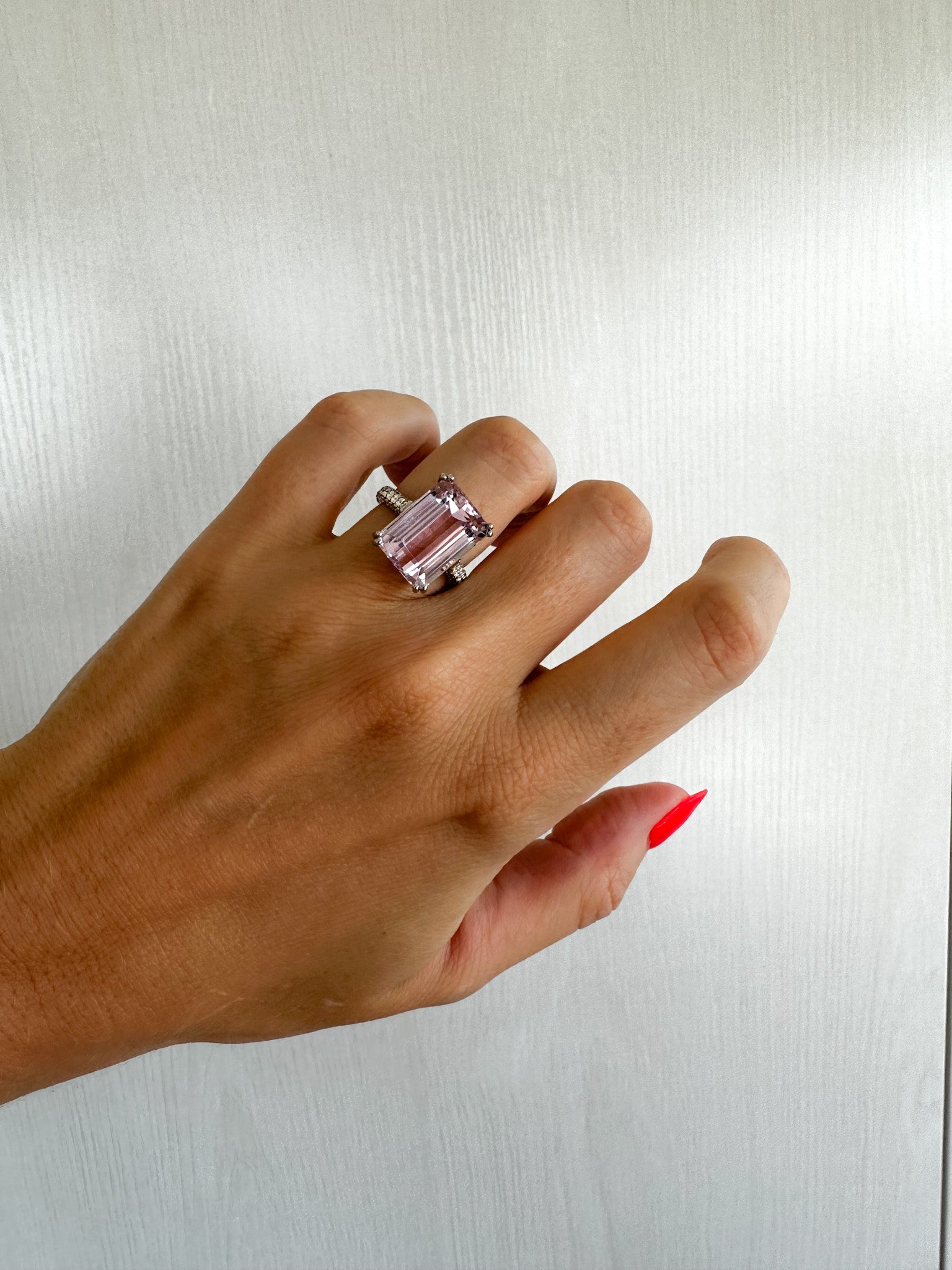 Kunzite and diamond ring in platinum by Valentina Fine Jewellery Hong Kong. Global free shipping including USA, Canada, UK and Singapore. 