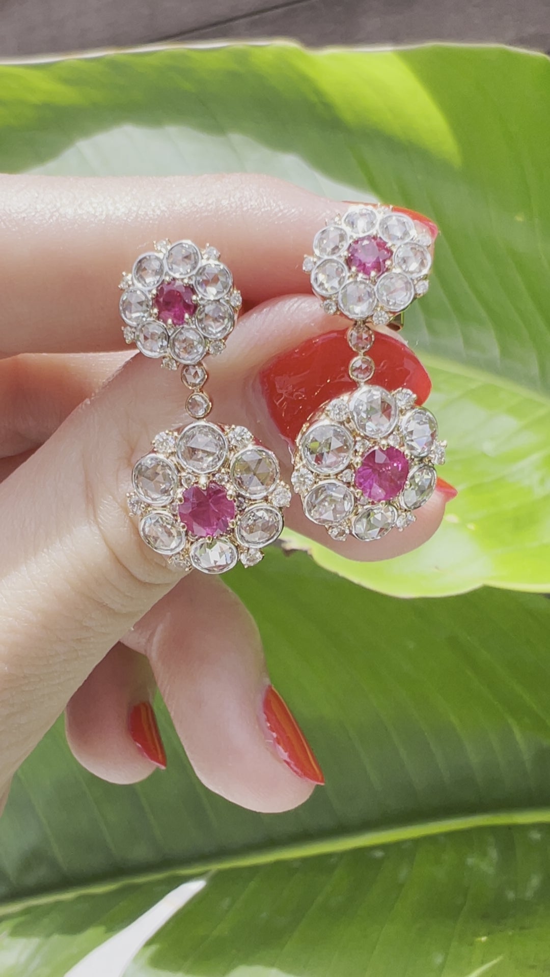 Ruby & Diamond Fancy Halo Dangle Earrings | New York Jewelers Chicago