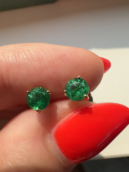 Natural green emerald stud earrings in 18k yellow gold by Valentina Fine Jewellery Hong Kong USA. Green emerald studs