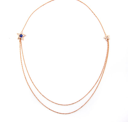 Diamond and sapphire double star chain necklace by 18k rose gold by Valentina Fine Jewellery Hong Kong. Rose cut diamonds and Ceylon sapphire. Free global shipping including USA, UK and Australia.