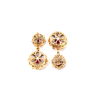 Ruby and rose cut diamond cluster drop earrings in rose gold