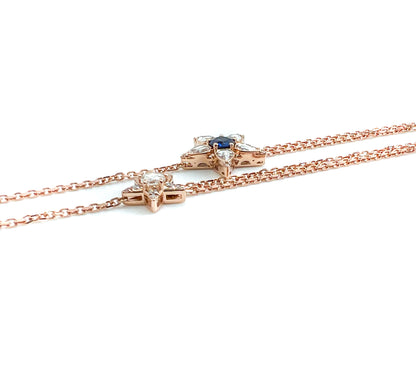 Diamond and sapphire double star chain necklace by 18k rose gold by Valentina Fine Jewellery Hong Kong. Rose cut diamonds and Ceylon sapphire. Free global shipping including USA, UK and Australia.